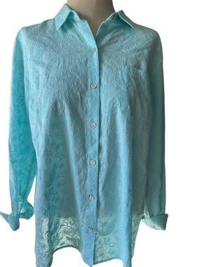 J. Jill Aqua Paisley Embroidered Button-Down Shirt